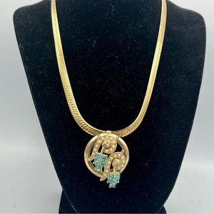 Vintage gold tone 16” snake chain with blue rhinestone & faux pearl pendant